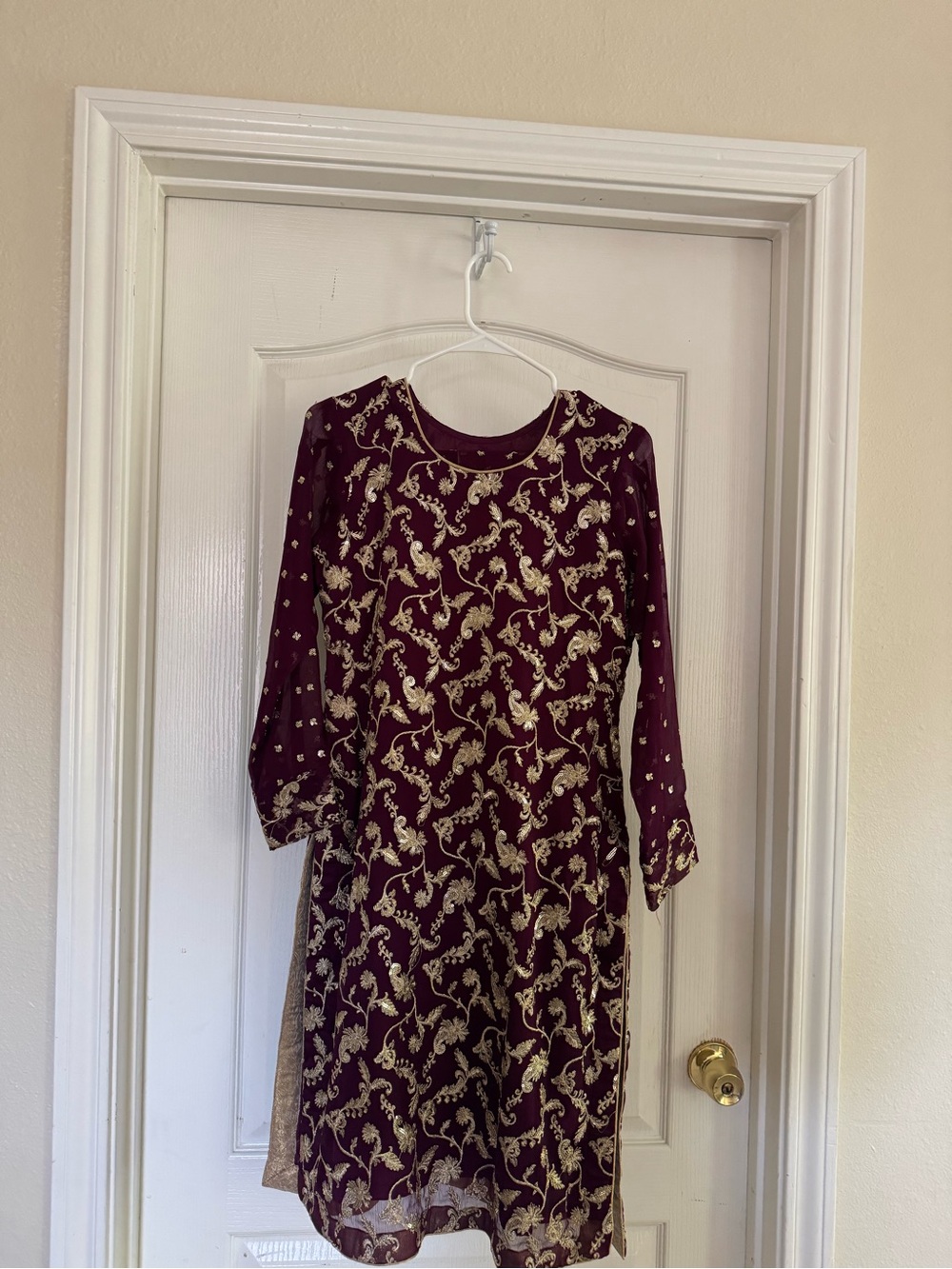 Purple and Gold Embroidered 3 piece kurti